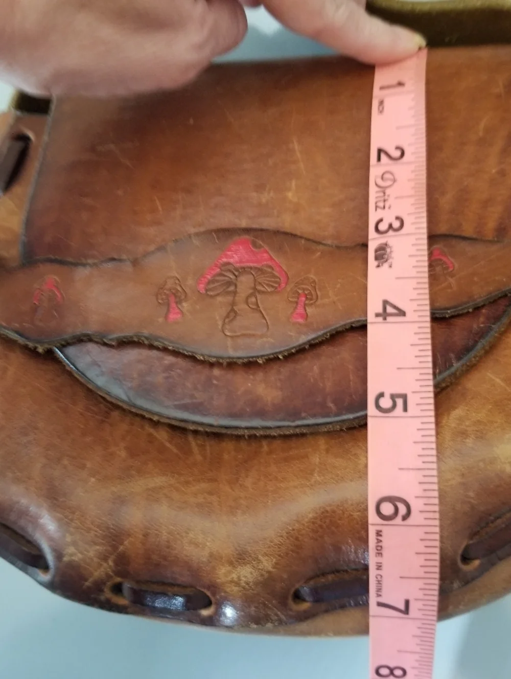 Vtg 70s Tooled Leather Mushroom Boho Saddle Bag Hippy Distressed Purse. - Picture 12 of 16